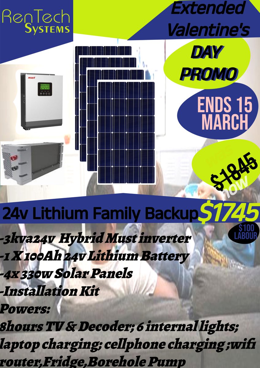 RentechSystems's tweet photo. Massive discounts on our customized 24v Lithium Solar Package for as little as $1 745 and say goodbye to power cuts and load shedding this Women's Month.
Visit us at 03 Colosseum Block Business Hub Showground Harare or Call/App:0716764786 /+263 77 309 5876
#extendedvalentinespec https://t.co/dz3yxTCDyq