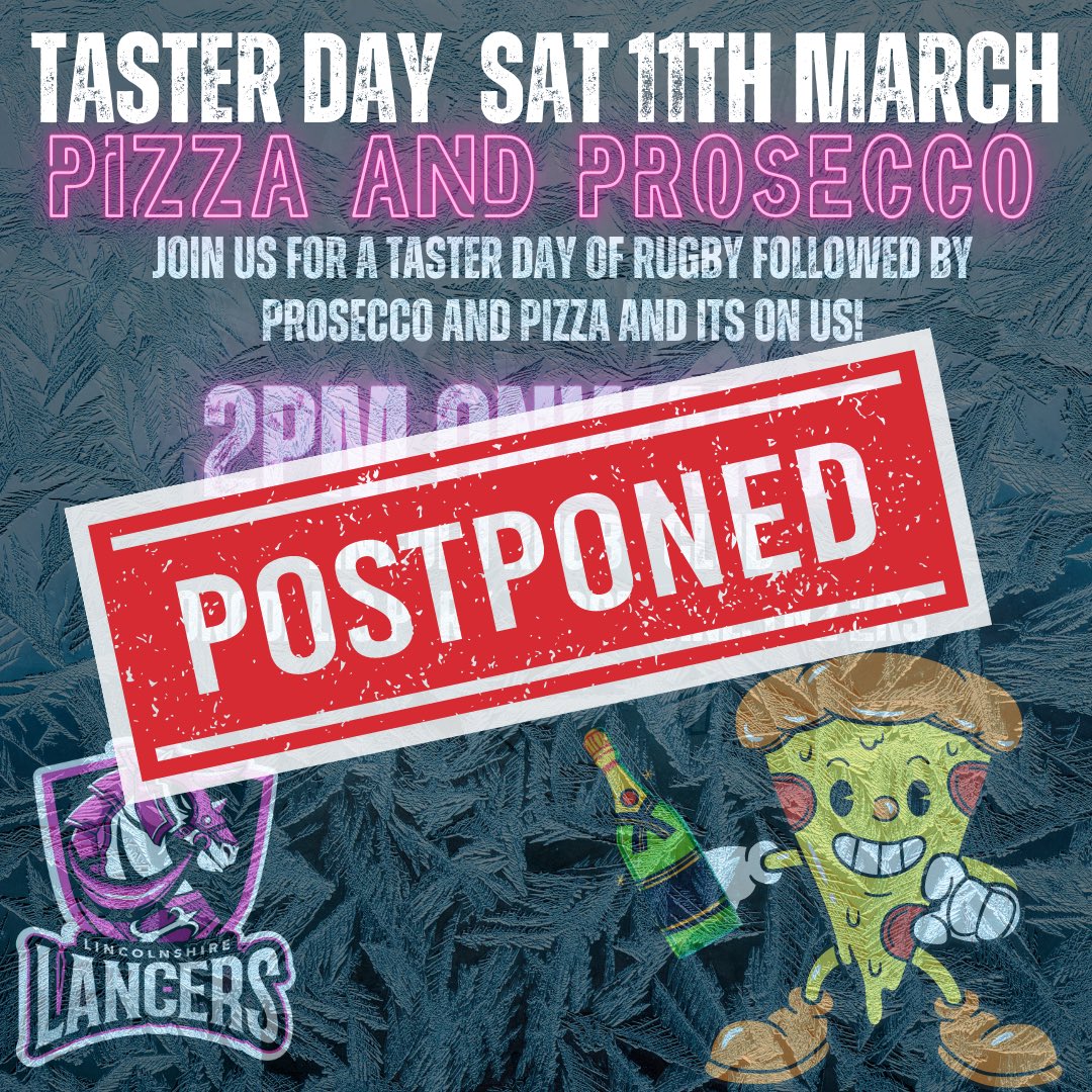 lancers_rfc's tweet photo. Hey everyone! 

Unfortunately, due to the freezing weather, we are going to have to postpone our Pizza and Prosecco event that should take place this Saturday. 

We will keep you updated on the new date and time!

Stay warm and stay safe! https://t.co/bpq67Nz3GP