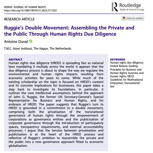 I have a new article out identifying the double (private-public) movement underlying #HRDD and charting  some of #Ruggie's ideas and commitments which paved the way for it.

The first 50 copies are freely available at tandfonline.com/doi/epdf/10.10…

#BizHumanRights #UNGPs #DueDiligence
