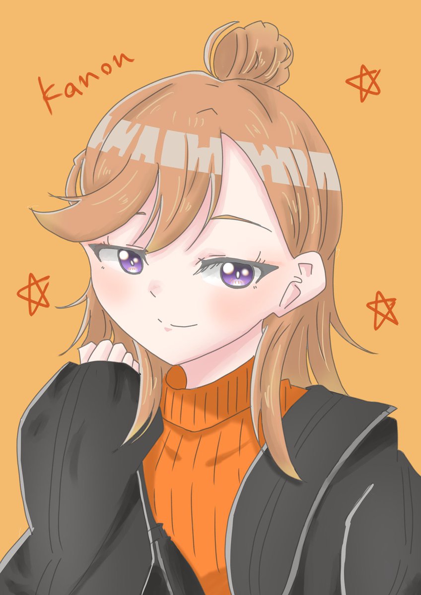 shibuya kanon 1girl solo purple eyes bangs sweater orange background hair bun  illustration images