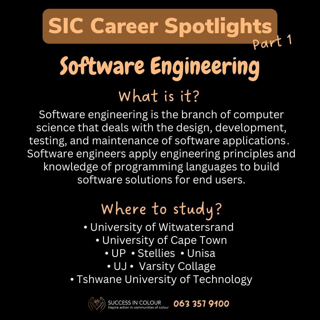 SuccessInColour's tweet photo. SIC Career Spotlights
Part 1
Software Engineering

#successincolour
#SoftwareEngineer 
#Careers 
#university 
#college https://t.co/2AljYhHgb7