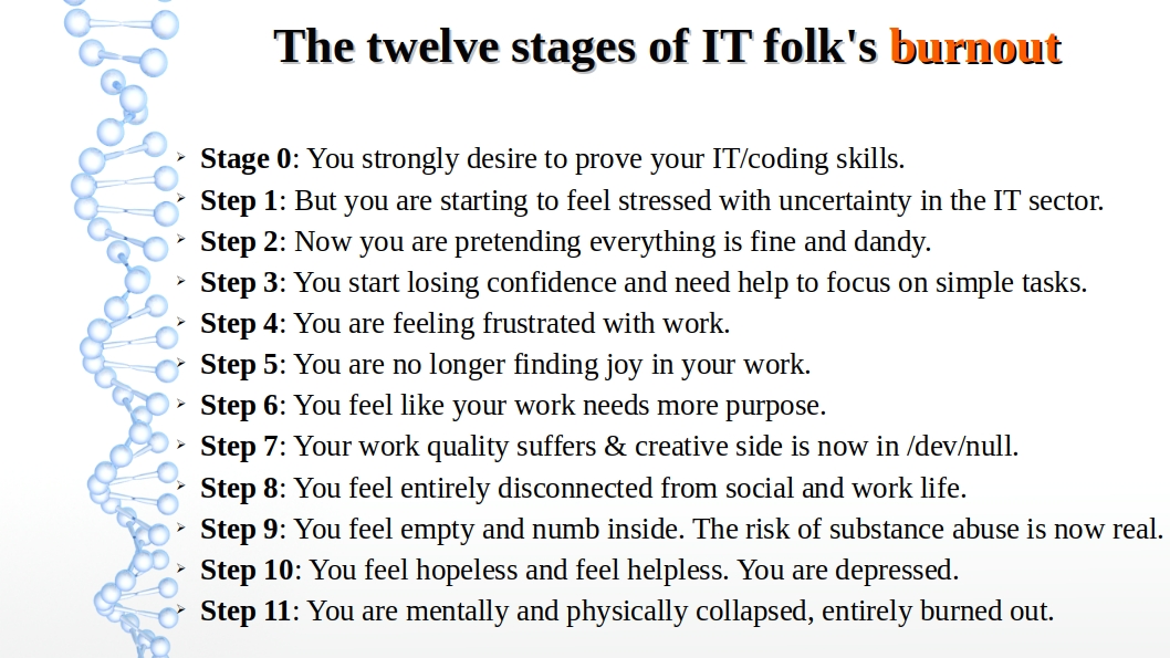 nixcraft's tweet photo. The twelve stages of IT folk's burnout. Stay safe. Get help. Need help figuring out where to start? Ask your GP. 
#MentalHealthMatters #MentalHealthAwareness https://t.co/I7dZ5ba0wU