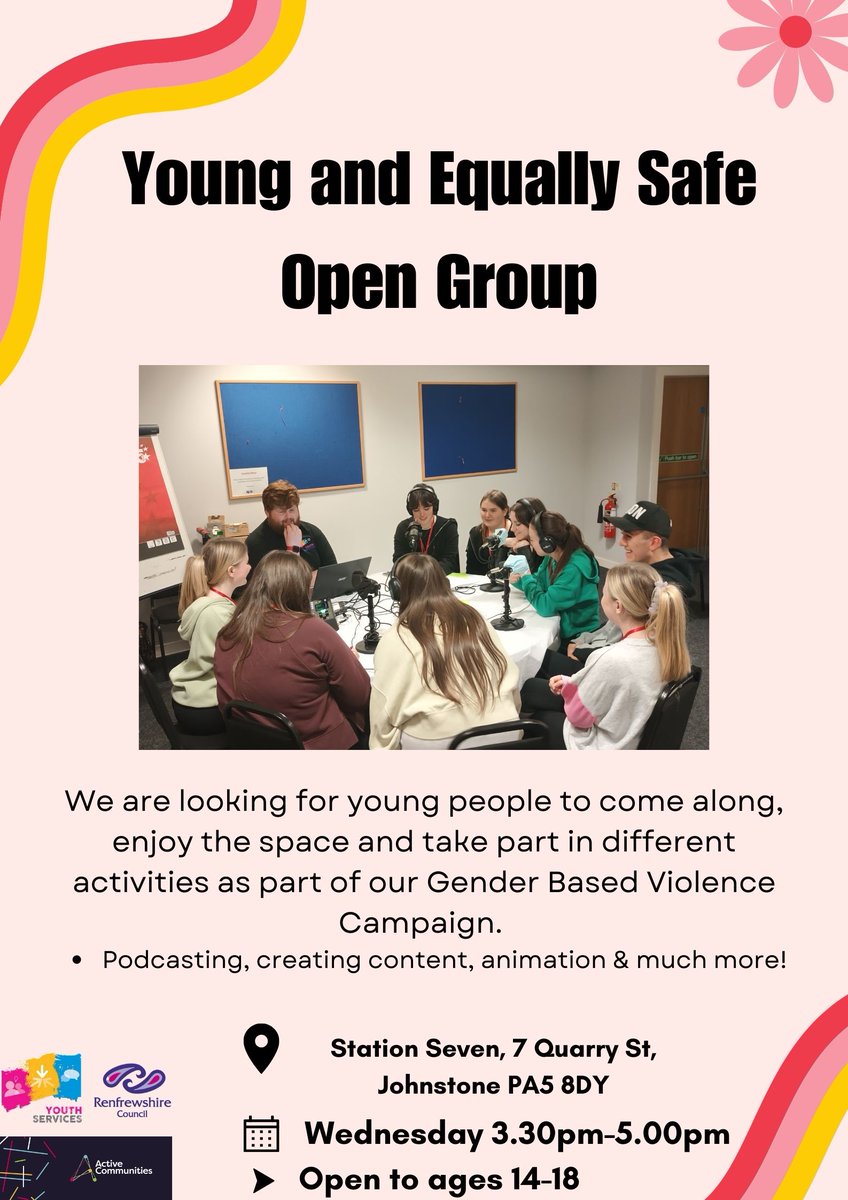 Young and Equally Safe Open Group will start Wednesday 15th March at Station 7 in Johnstone, this is for anyone aged 14-18.  #youthwork #genderbasedviolence #renyouthservices #activecommunities @FiYouthServices @ACommunities