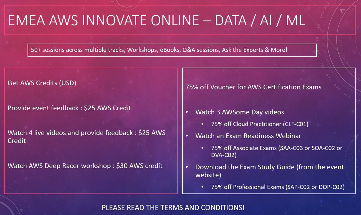 Joined the #AWSInnovate EMEA #AWS Innovate Online Conference this morning and listening to various sessions and still 🤯folks miss out on such free learning & development content PLUS look at all the benefits (Credits / Exam Vouchers!)