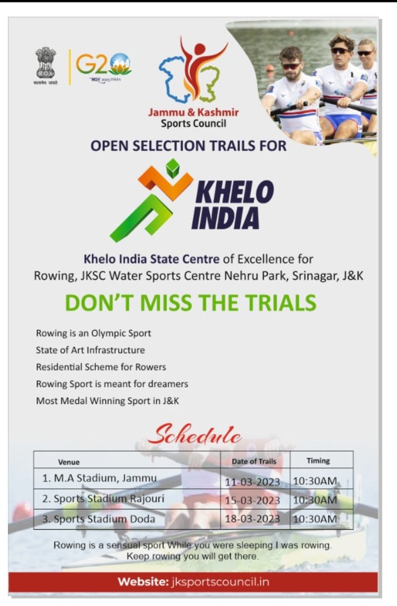JKSportsCouncil's tweet photo. Opportunity to train along the best by the best and to become the best.
Apply and hone your skills to reach the zenith. 
Open Selection Trials for KISCE for Rowing, JKSC Water Sports Centre Nehru Park,Srinagar,J&amp;K on 11th of March at M.A Stadium Jammu.

#SelectionTrials 
#Rowing https://t.co/SOJwOm5Uqd