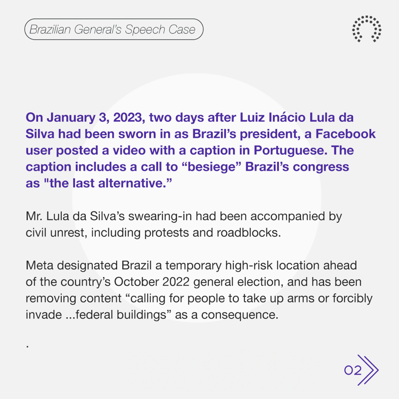 OversightBoard's tweet photo. Today the Board selected a new case about a call to “besiege” federal buildings in the aftermath of #Brazil’s elections and whether such speech should be allowed.

As part of the Board’s deliberation process, we are inviting people and organizations to submit public comments ↓
