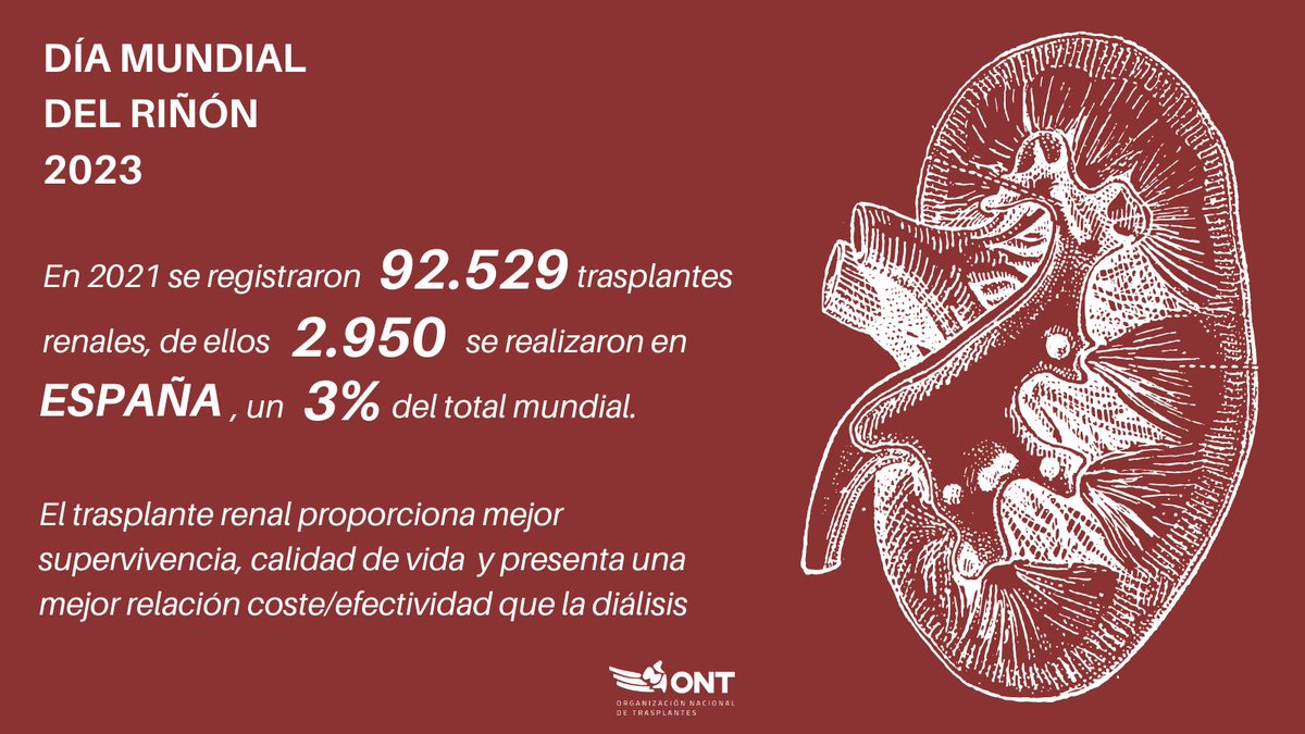 ❣️Nos sumamos al #DíaMundialDelRiñón junto a la <a href="/SENefrologia/">S.E.N. Nefrología</a>, <a href="/FNALCER/">Fed. Nac. ALCER oficial</a>  y <a href="/SEDENenfermeria/">SEDEN</a>  y a su lema para este #DMR2023: "SALUD RENAL PARA TODOS. ¡Prepararse para lo inesperado, apoyando a los vulnerables!"
➡️En España, cada año se acercan cerca de 3.000 trasplantes renales