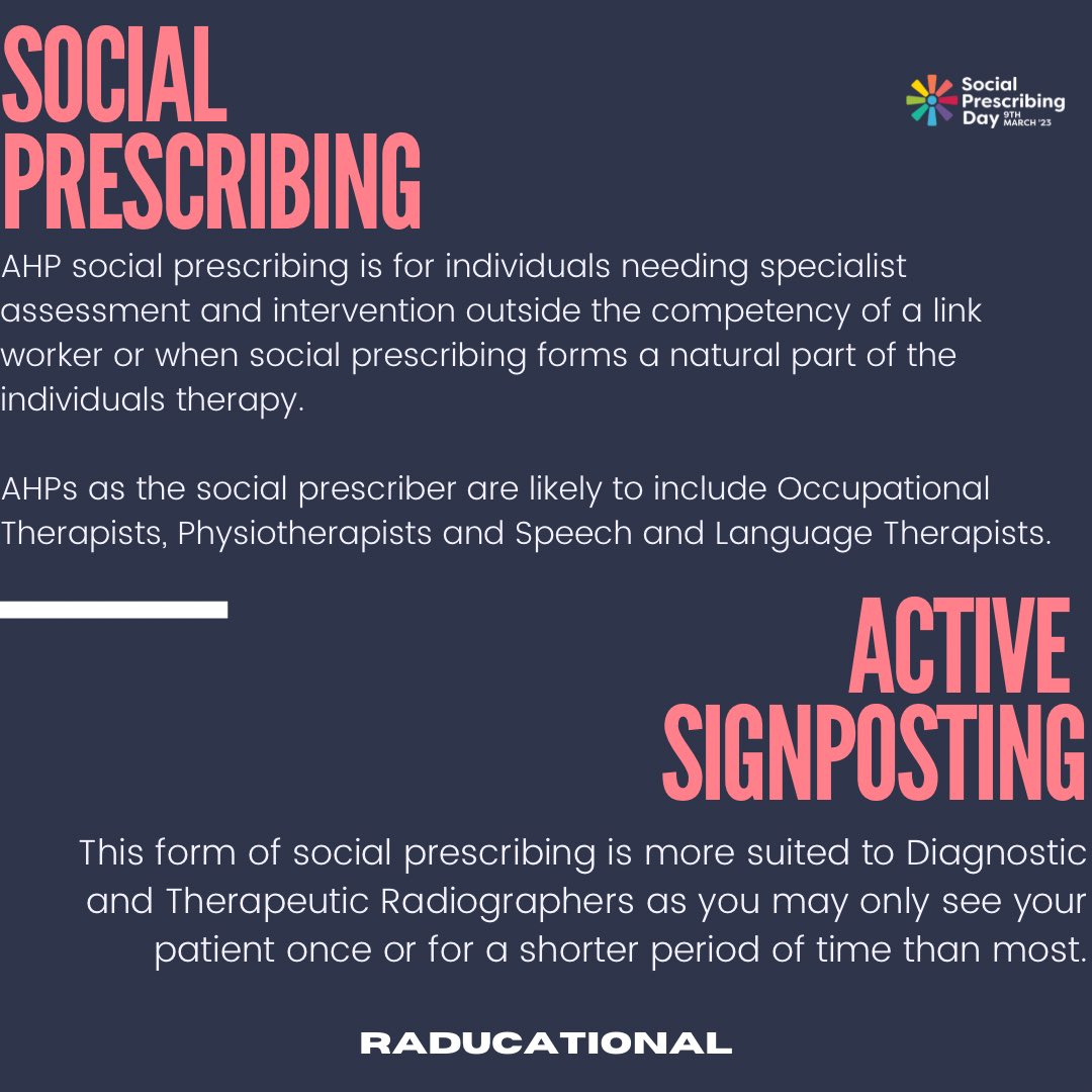 rad_ucational's tweet photo. Ok so you’ve heard all about #SocialPrescribing but where does your profession fit?
Well if you’re a Radiographer you’re more likely to be focussing on #activesignposting and we’ll explain a bit more about that later 🪧
#SocialPrescribingDay
@SCoRMembers @salfordrads https://t.co/yuhdPymp74