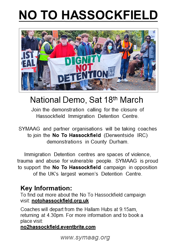 .@SYMAAG will be taking coaches to join the demonstration against immigration detention in Hassockfield.

Tickets for the coach are available here: eventbrite.com/e/no-to-hassoc…

 #NoToHassockfield