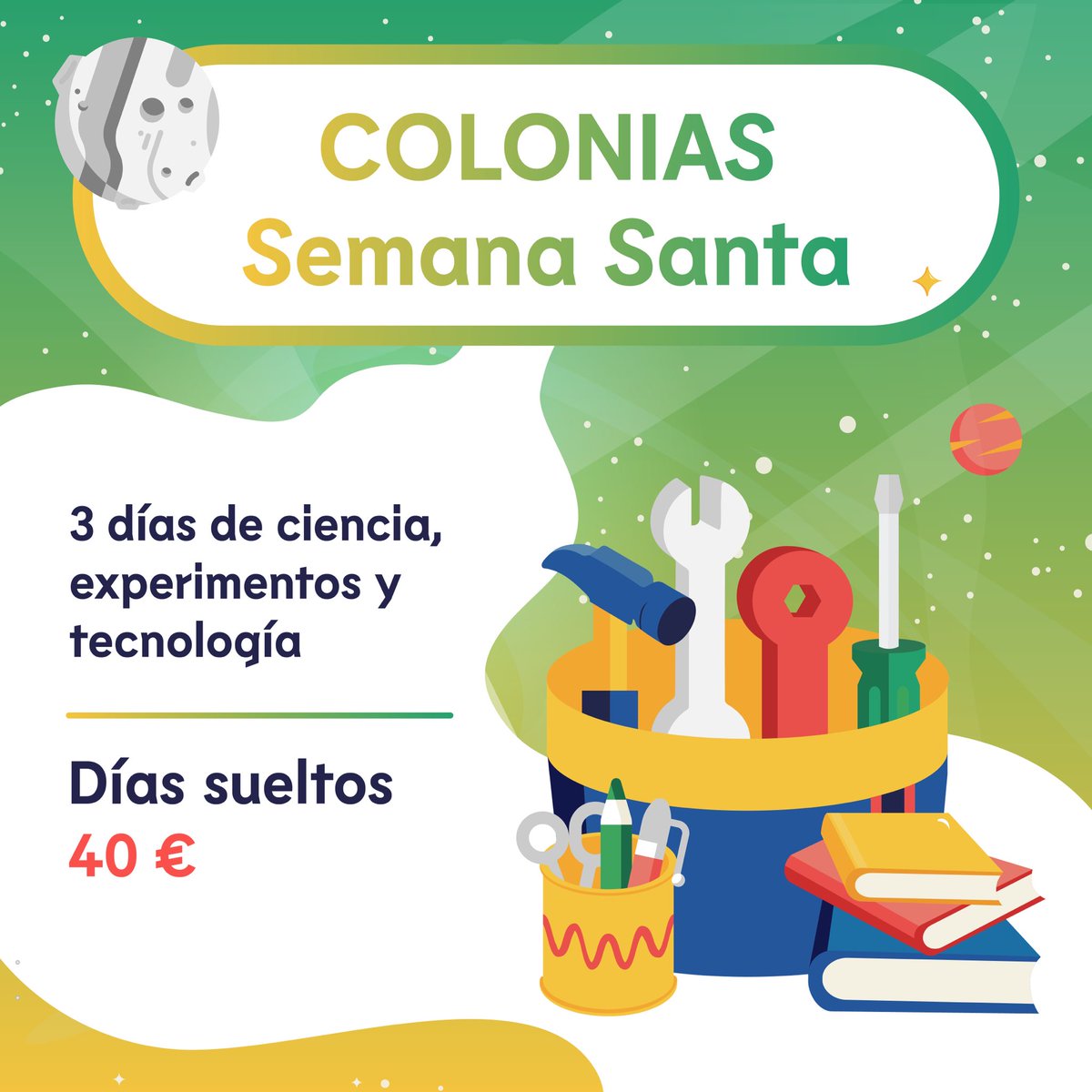 ¿Ya tenéis planes para Semana Santa? 🚀
Nuestros profes inventores han creado unas fantásticas colonias a las que puedes asistir también días sueltos 
⚒Mecánica 
🤖Robótica 
👾 Programación 
🧬 Ciencia 
¡Grupos adaptados por edades! 
📍 Zaragoza y Madrid