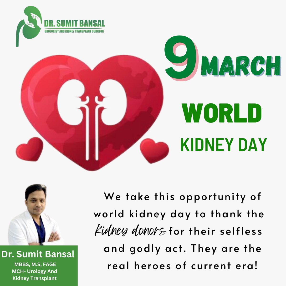 World kidney day
Dr Sumit Bansal Advanced urology and kidney transplant Delhi NCR

#Worldkidneyday #kidney #kidneydisease #kidneyhealth #kidneydiseaseawareness #kidneystrong #kidneycare #kidneyproblems #kidneyawareness #kidneyinfection #healthylifestyle