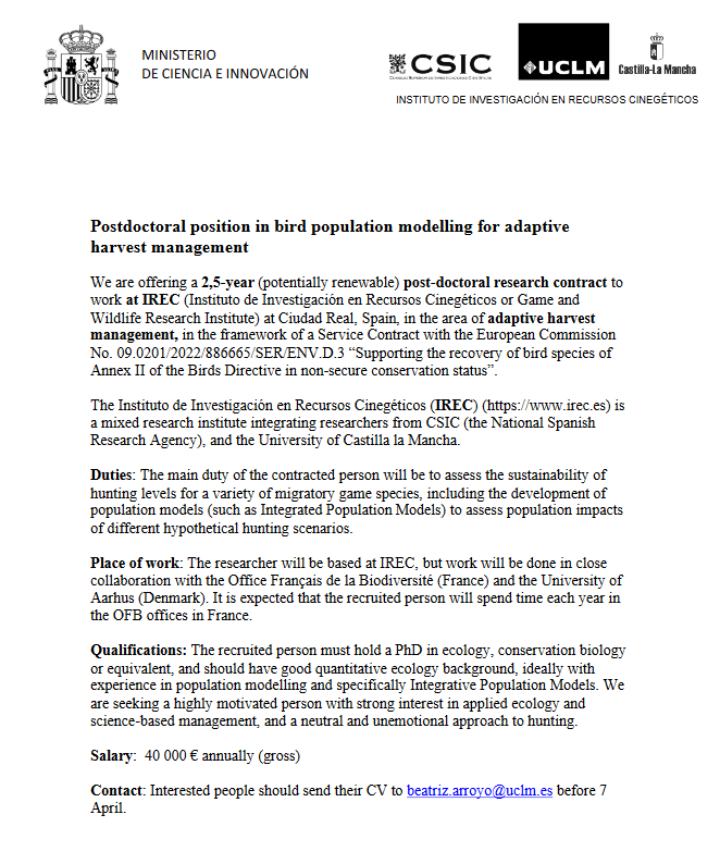 Charlotte Francesiaz (@c_francesiaz) on Twitter photo 🚨 #Postdoc offer (2.5 years): Bird population modelling for adaptive harvest management !
Based in IREC (🇪🇸) - in close collaboration with <a href="/OFBiodiversite/">Office français de la biodiversité</a> (🇫🇷) and <a href="/AarhusUni/">Aarhus Universitet</a> (🇩🇰).
Join us ! 🥳 🚨 #Postdoc offer (2.5 years): Bird population modelling for adaptive harvest management !
Based in IREC (🇪🇸) - in close collaboration with <a href="/OFBiodiversite/">Office français de la biodiversité</a> (🇫🇷) and <a href="/AarhusUni/">Aarhus Universitet</a> (🇩🇰).
Join us ! 🥳