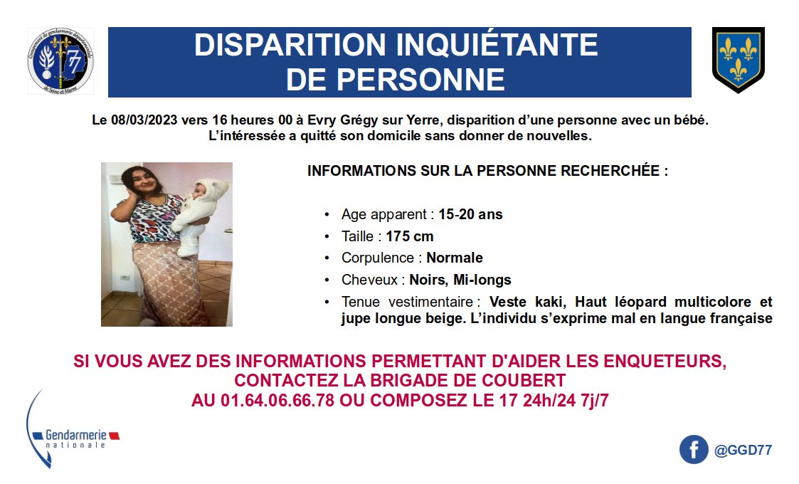 Gendarmerie_077's tweet image. ⚠️ 𝗗𝗜𝗦𝗣𝗔𝗥𝗜𝗧𝗜𝗢𝗡 𝗜𝗡𝗤𝗨𝗜𝗘́𝗧𝗔𝗡𝗧𝗘 ⚠️ 

𝗨𝗻𝗲 𝗶𝗻𝗳𝗼 ? 𝗖𝗼𝗻𝘁𝗮𝗰𝘁𝗲𝘇 𝗹𝗮 𝗯𝗿𝗶𝗴𝗮𝗱𝗲 𝗱𝗲 𝗖𝗼𝘂𝗯𝗲𝗿𝘁 𝗮𝘂 𝟬𝟭.𝟲𝟰.𝟬𝟲.𝟲𝟲.𝟳𝟴 𝗼𝘂 𝗹𝗲 𝟭𝟳