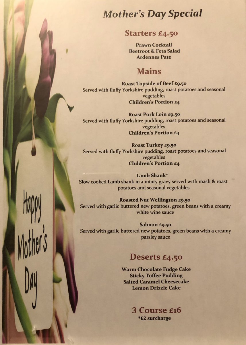 thabbeyinn's tweet image. Book now for Mother’s Day special 
Served 12-5pm 3 course special £16
To book call 0113 2581248
#mothersday #mothersdaymeal #madefresh #pubfood #abbeyinnleeds #realale #craftbeer #whycook #booknow #sundayroast #mothersdaytreats