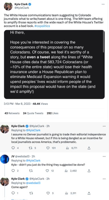 By pretending to criticize a message promoted by the White House, he published a screenshot of the disinformation making sure propaganda got out under our brand.

That is how we Colorado!

coloradopeakpolitics.com/2023/03/08/eth…

#copolitics #9News #HeyNext #BeOn9

Photo credit @COpeakpolitics