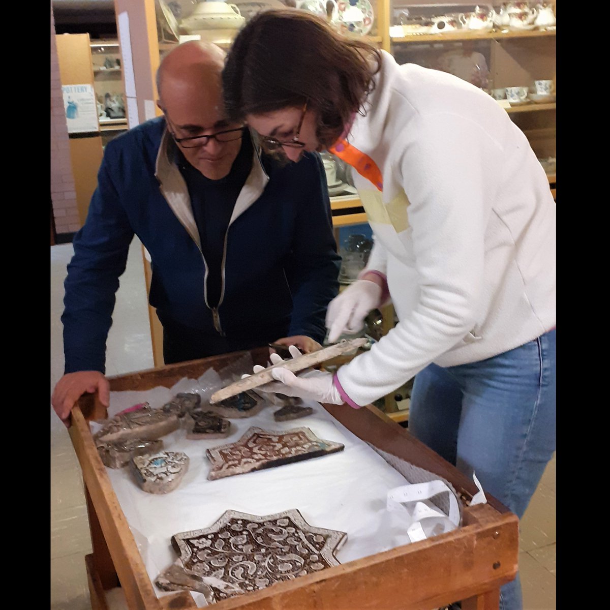 Delighted to welcome V&amp;A colleagues Mariam Rosser-Owen  and Fuschia Hart, and Iranian ceramic artist Abbas Akbari to PMAG this week to study our collection of 13th and 14th century Iranian lustre tiles.

<a href="/VisitStoke/">Visit Stoke</a> <a href="/SoTCityCouncil/">Stoke-on-Trent CC</a>