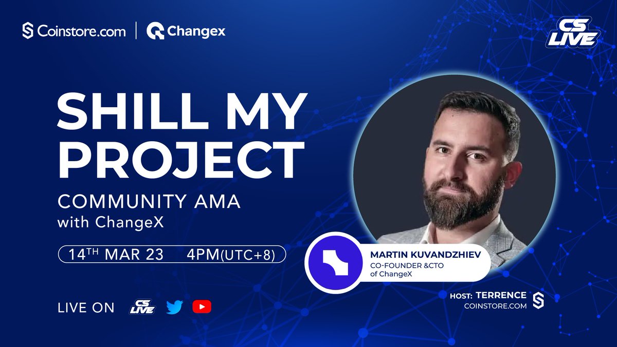 CS Live - Shill My Project welcomes <a href="/ChangeXapp/">Changex</a>

1️⃣RT + Tag 3 friends
2️⃣Comment questions below and stand a chance to win $CHANGE

🗓️ 14 March 2023, 16:00 UTC+8

Where? Set Reminder here👇
tinyurl.com/37uxctd8

#airdrops #AMA #Coinstore #Crypto