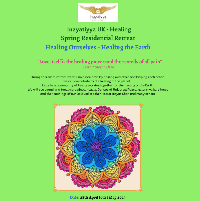 ConfedofHealing's tweet photo. From 18th April to 1st May, CHO Associate Organisation Inayatiyya UK is holding a Spring retreat in Hereford - Healing Ourselves - Healing the Earth: sound and breath practices, silence, dance, nature walks, teachings. 
For details : https://t.co/WliEsSpDEm https://t.co/Qsido8Z4zh