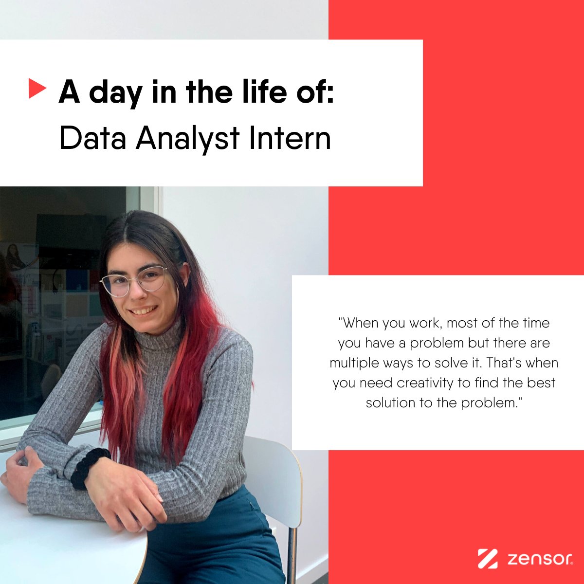 🗨️A day in the life of one of our interns!

Have you ever wondered what it's like to be an intern in Data Science? Today we answer some of your questions!👩‍💻

Let’s see how her experience is going! 👇

Check the blog entry: zensor.be/blog/a-day-in-…