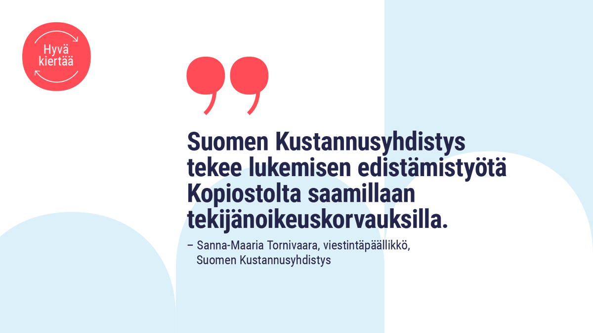 Kopiosto's tweet photo. Keräämämme #tekijänoikeuskorvaukset ovat avuksi erilaisissa hankkeissa. Esimerkiksi @kustantajat tekee lukemisen edistämistyötä meiltä saamillaan tekijänoikeuskorvauksilla toteuttamalla #lukuloma-kampanjaa. 📚 #hyväkiertää #luovantyönasialla https://t.co/mHzmc5OhDs