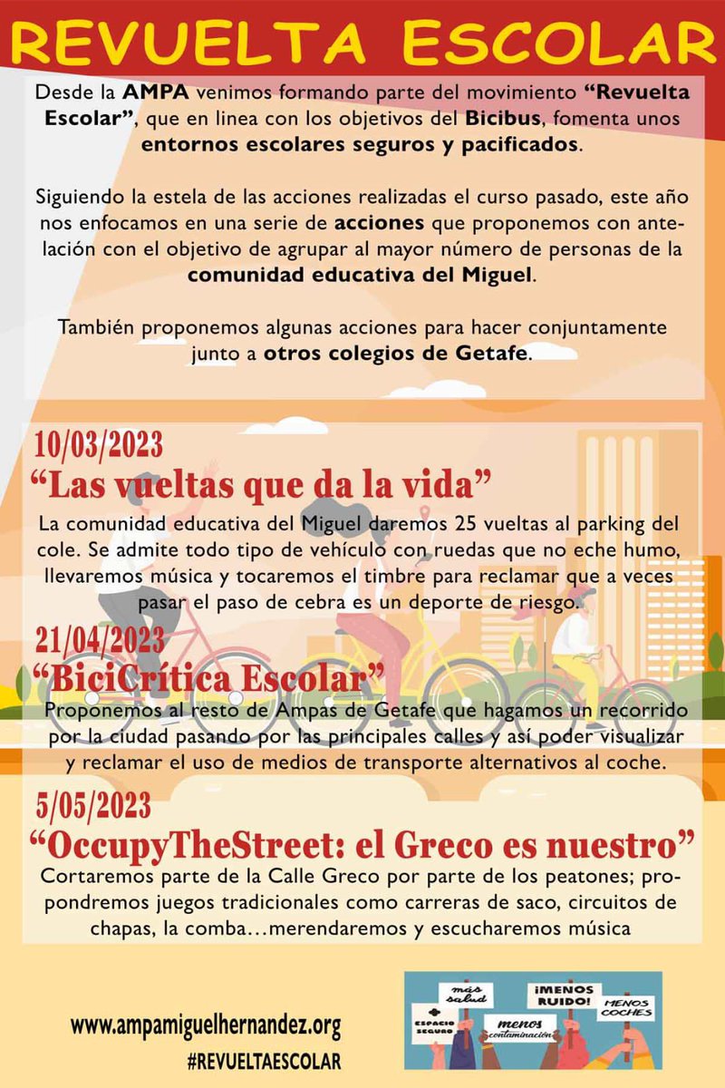 Mañana viernes 10 de marzo vuelve la #revueltaEscolar a nuestro cole. Seguimos reclamando menos ruido y más seguridad en los entornos escolares, ¡que pasar un paso de cebra no sea deporte de riesgo!🧗‍♀️🧗‍♀️
Pásate a las 16:30 con cualquier cosa con ruedas q no eche humo 😋😋