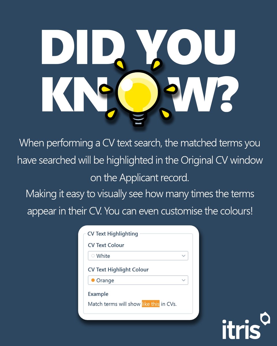 itris's tweet image. Easily find the right candidates for the job with our Boolean search! 🔍 itris highlights the important search terms in an applicant's CV, making it easy to see how many times they appear. Plus, you can customize the highlighting colours to your liking! 🎨
#BooleanSearch #CRM