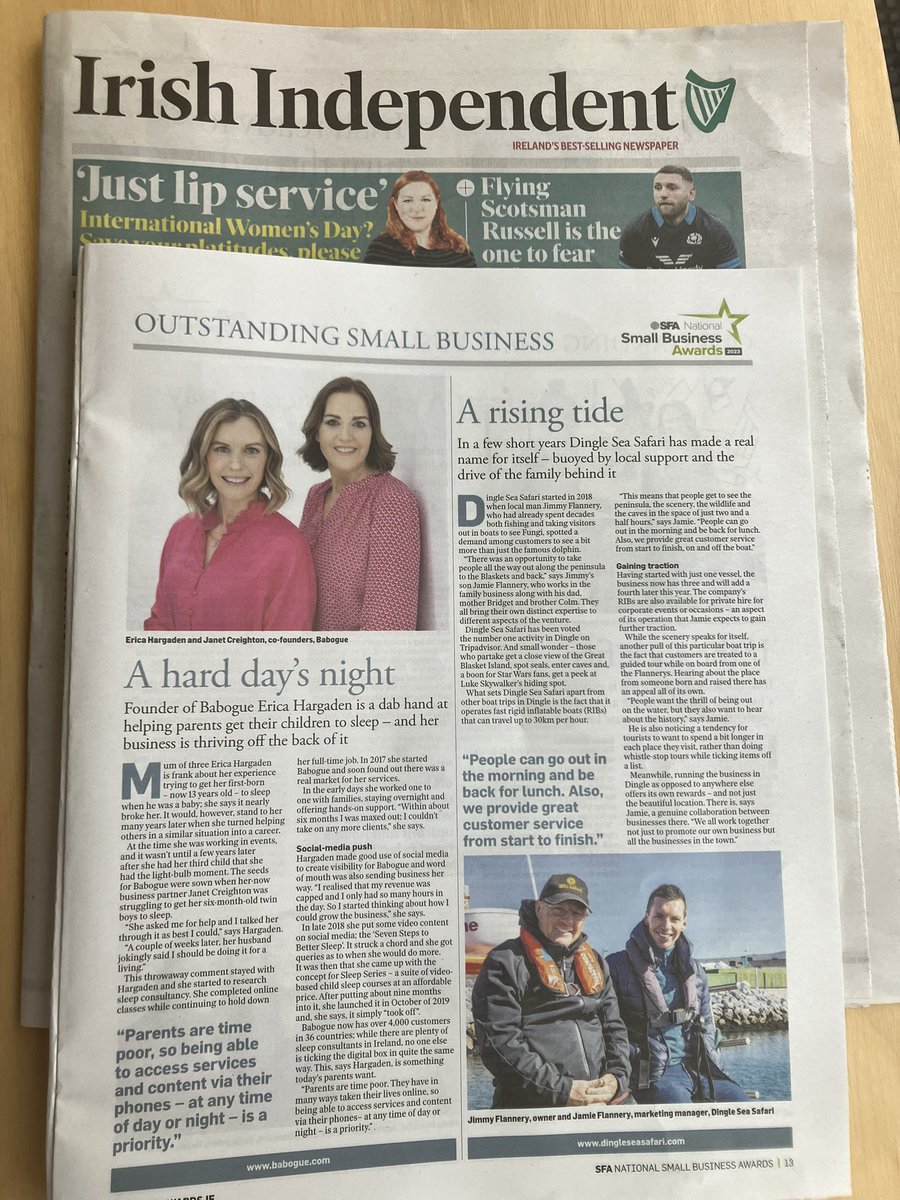 Today’s @Independent_ie featuring @DingleSea as part of @SFA_Irl National Business Awards #dingleseasafari #smallbusiness #nationalawards #dingle @DinglePeninsula @ExperienceKerry