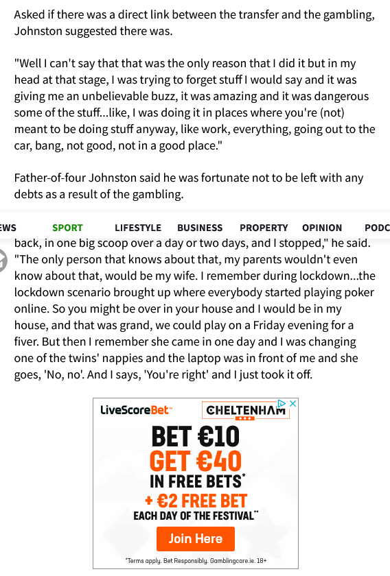 I'm good for my age (@goodformyage1) on Twitter photo Good article about problem gambling in today's <a href="/irishexaminer/">Irish Examiner</a> today
The gambling ad in the middle of the article was a bit tone deaf! Good article about problem gambling in today's <a href="/irishexaminer/">Irish Examiner</a> today
The gambling ad in the middle of the article was a bit tone deaf!