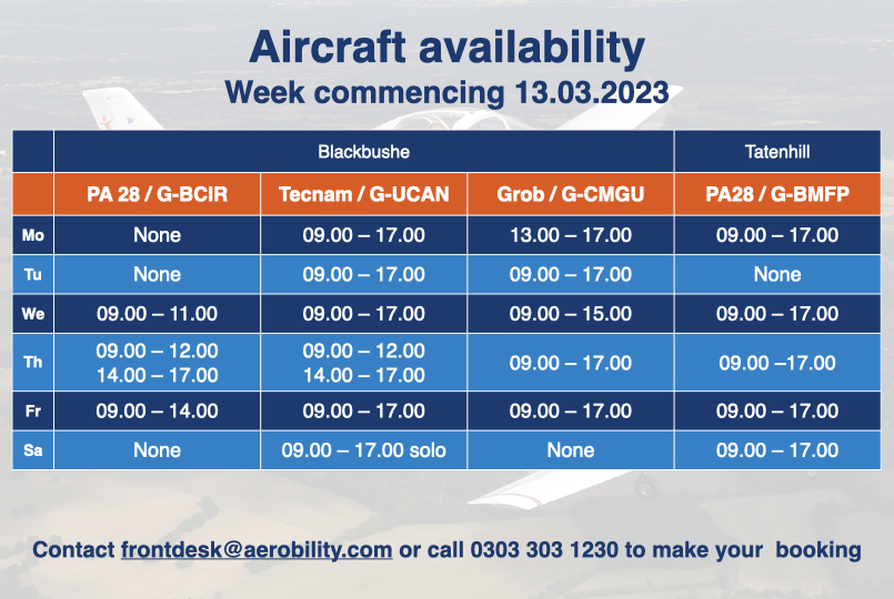 Aerobility's tweet photo. Good morning! Here is our aircraft availability for next week โ๏ธ
Contact us at frontdesk@aerobility.com or call 0303 303 1230 and we will be happy to book you in for some magic and wonder of flight! #mawof https://t.co/5qhpxTmgQI