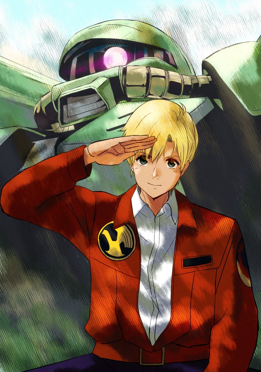 mecha salute robot 1boy blonde hair jacket male focus  illustration images