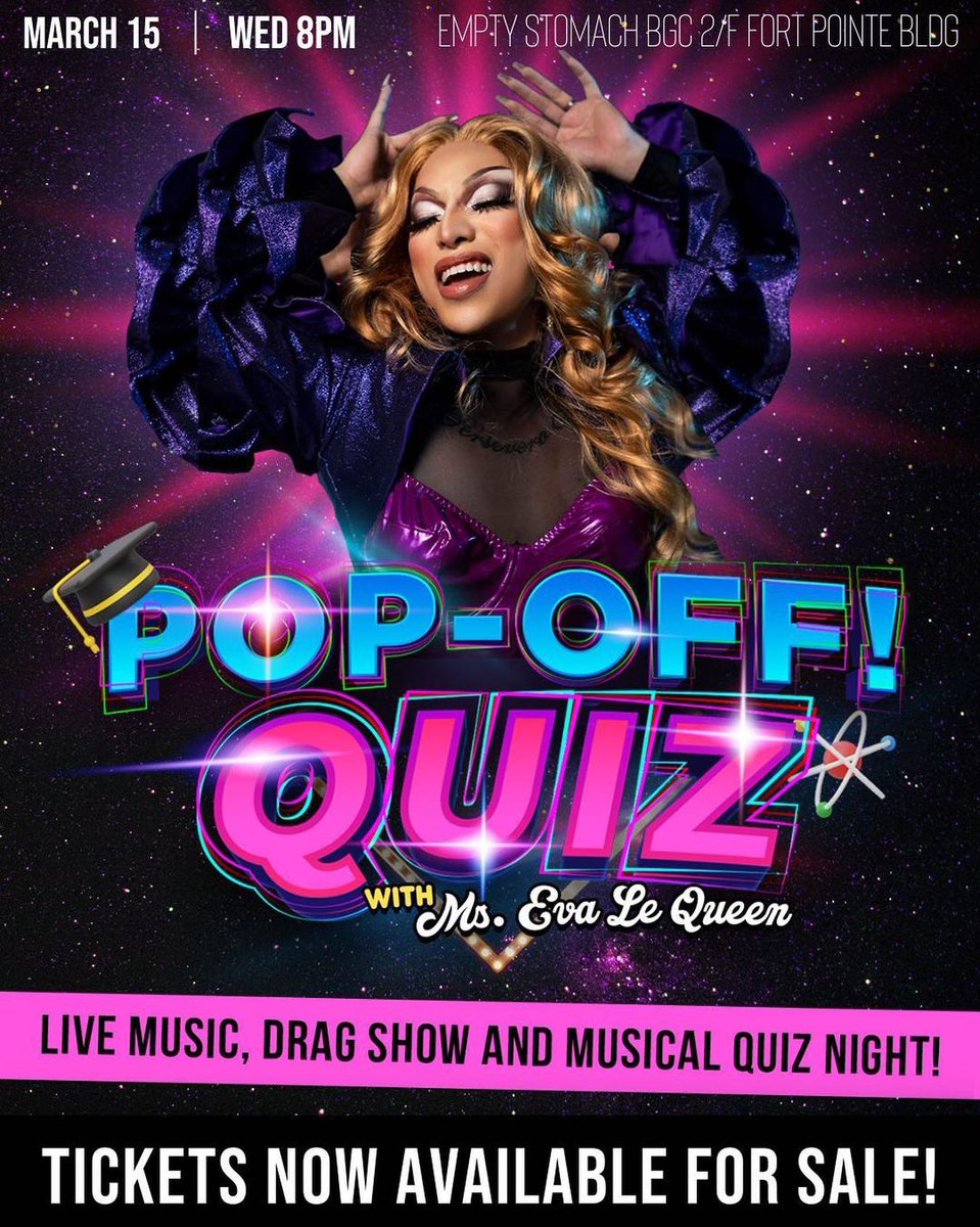 DragCravePH's tweet photo. POP-OFF! QUIZ NIGHT: Category is RnB!

Get ready for an exhilarating, exciting, and interactive game. Come and join @eva_lequeen for a special Wednesday night full of fun, drag, and opulence at Empty Stomach BGC. 

Get your tickets here: https://t.co/I7MFhIt9pl

📷IG/dragbingoph https://t.co/bFFqcrhU2E