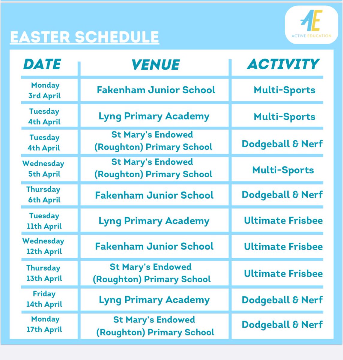 ActivEducation1's tweet photo. Exciting news we are running Camps ALL Easter
Also we are offering some camp places in conjunction with @NorfolkCC and @ActiveNorfolk as well for any child in receipt of free school meals as well.
#activekidsarehappykids
#welovesport
#SpreadTheWord
#fakenham
#Lyng
#Roughton https://t.co/pCPybfQoQA