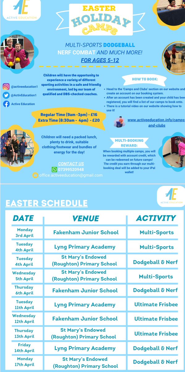 ActivEducation1's tweet photo. Exciting news we are running Camps ALL Easter
Also we are offering some camp places in conjunction with @NorfolkCC and @ActiveNorfolk as well for any child in receipt of free school meals as well.
#activekidsarehappykids
#welovesport
#SpreadTheWord
#fakenham
#Lyng
#Roughton https://t.co/pCPybfQoQA