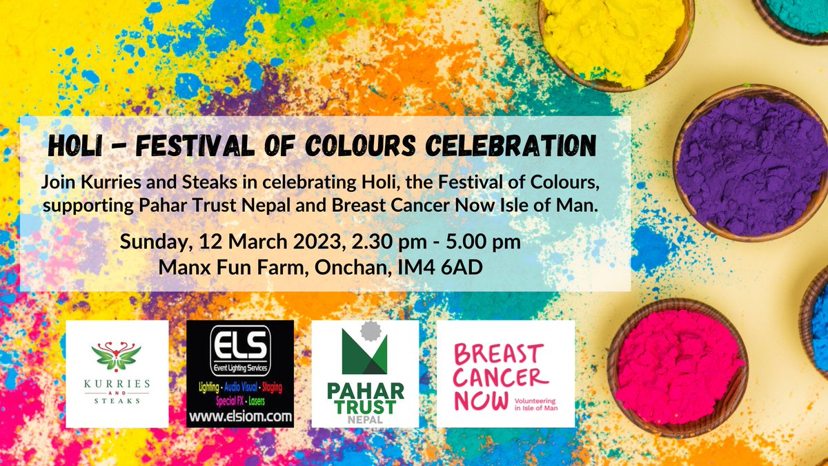 🇮🇲 🌈 Happening this Sunday!
Everyone is welcome at the 'Holi - Festival of Colours Celebration' on Sunday 12th March at Manx Fun Farm, Onchan, #isleofman from 2.30pm -5pm. 
Indian street food and coloured powders included in the ticket price. Book here: bit.ly/3mwGoaM