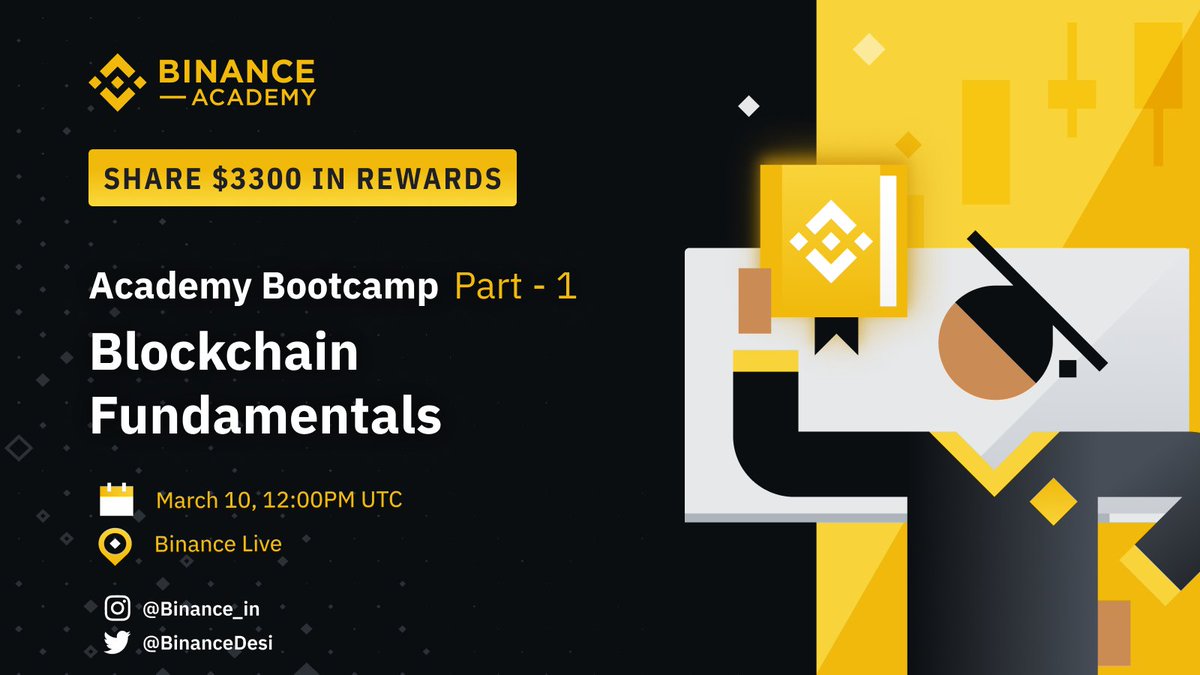 #Binance  Academy Bootcamp - Join the Sessions &amp; Complete the Quizzes and Surveys to Share 3,300 USDT!

👉 Set the reminder for Pt. 1- 
binance.com/en-IN/live/vid…