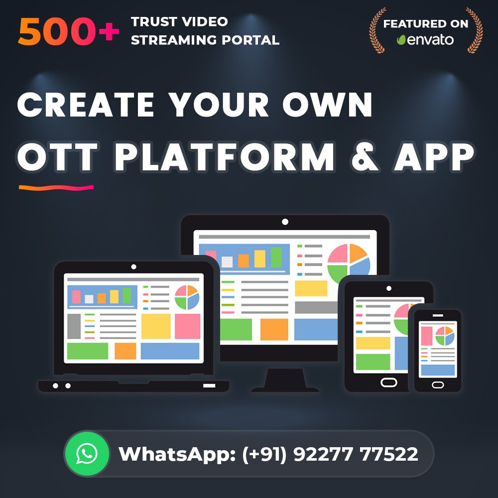 viaviwebtech's tweet image. Create your own OTT Platform &amp;amp; App.

Website:  $59 only. 1.envato.market/76aGQ

Android: $49 only. 1.envato.market/jd1zb

We also provide custom work contact on WhatsApp: +919227777522

#OTTPlatform #VideoStreamingPortal #VideoStreamingScript #LiveTVPortal #StreamingPortal