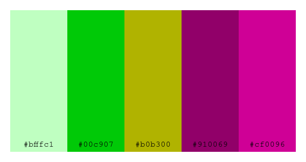 ColPaletteBot's tweet photo. Beep beep, here's a pretty color palette for you!
color-scheme.js parameters used:
- hue: 331
- variation: default
- colors: #bfffc1, #00c907, #b0b300, #910069, #cf0096
Have a lovely day!
#twitterbot #colorpalette #colors #palette #prettycolors https://t.co/uEnqh7LJrU
