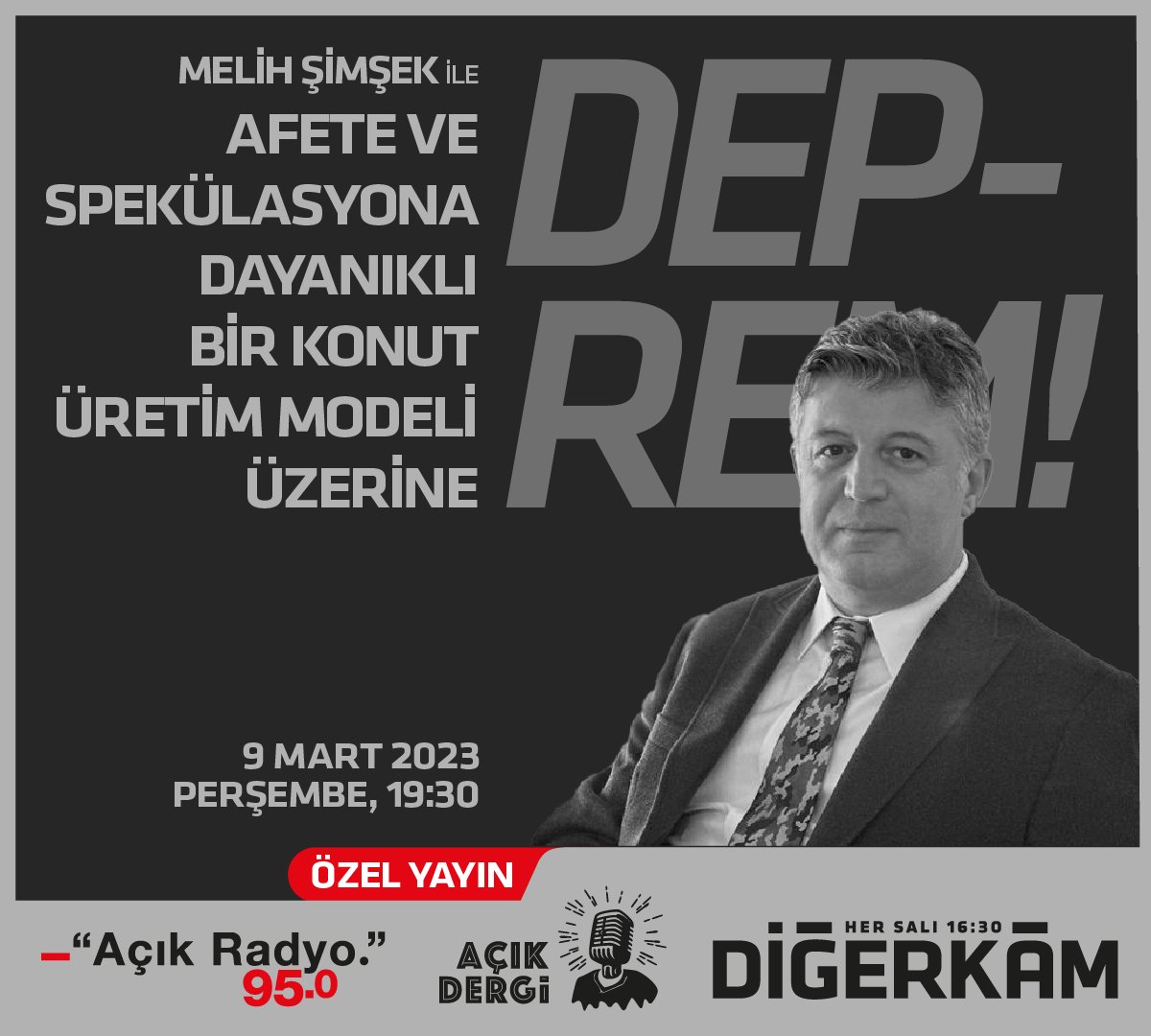 MyraIstanbul's tweet photo. Diğerkâm Deprem Özel bugün 19:30'da, Açık Radyo 95'te, Açık Dergi içinde. Damla Özlüer ile Rauf Kösemen'in hazırlayıp sunduğu #Diğerkâm’da Melih Şimşek ile afete ve spekülasyona dayanıklı bir konut üretim modeli üzerine konuşuyoruz.
.
Canlı yayın için > https://t.co/PuwlkZV6lA https://t.co/DPFu1fauHX