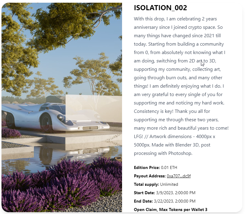 Two years anniversary drop is finally live on Manifold!🥳 Thank you for supporting me through these two years! LFG!

"ISOLATION_002"

🎨 Open editions till 22.03
💸 0.01 $ETH

Link in comments!