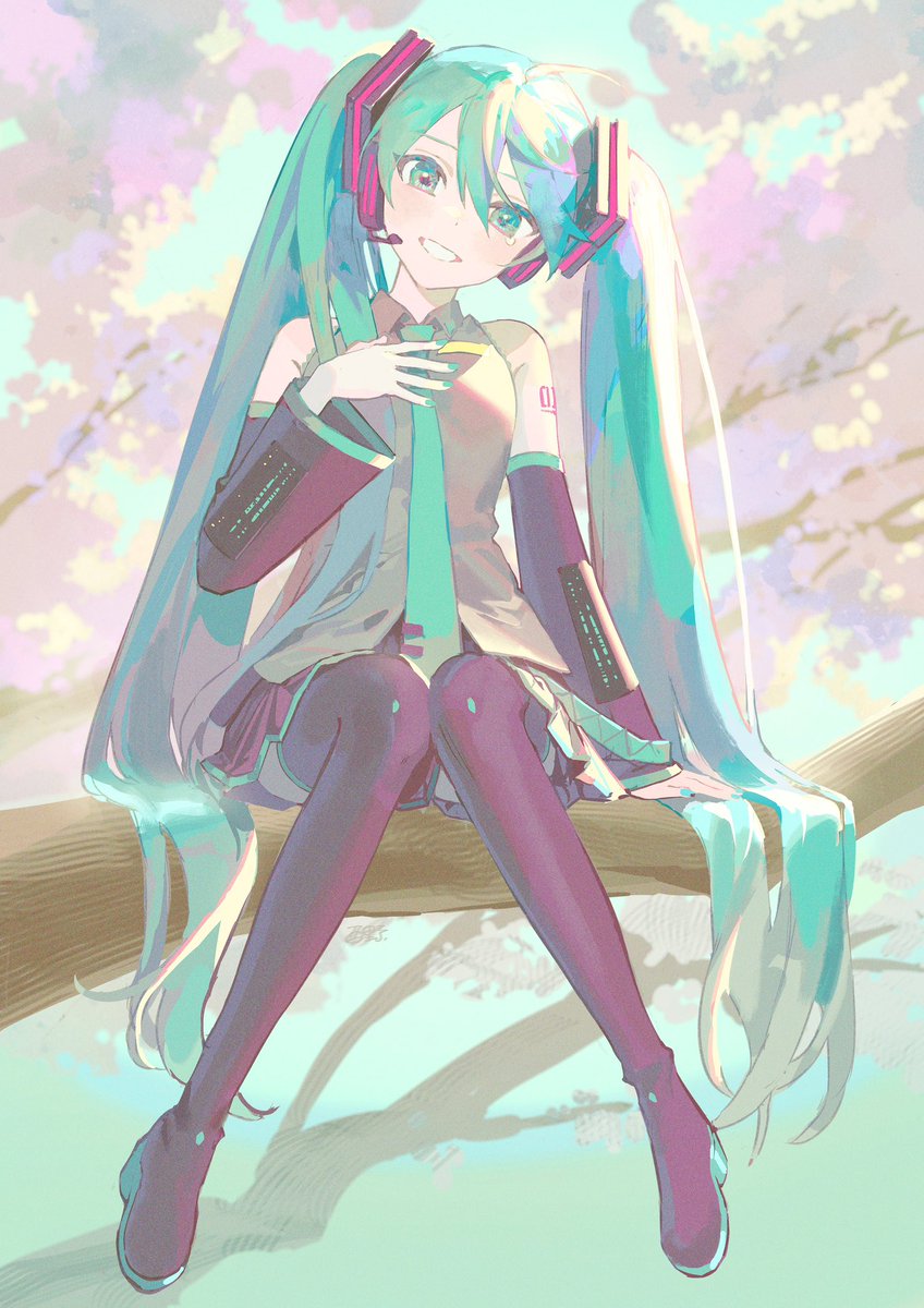 hatsune miku 1girl solo long hair twintails necktie sitting detached sleeves  illustration images