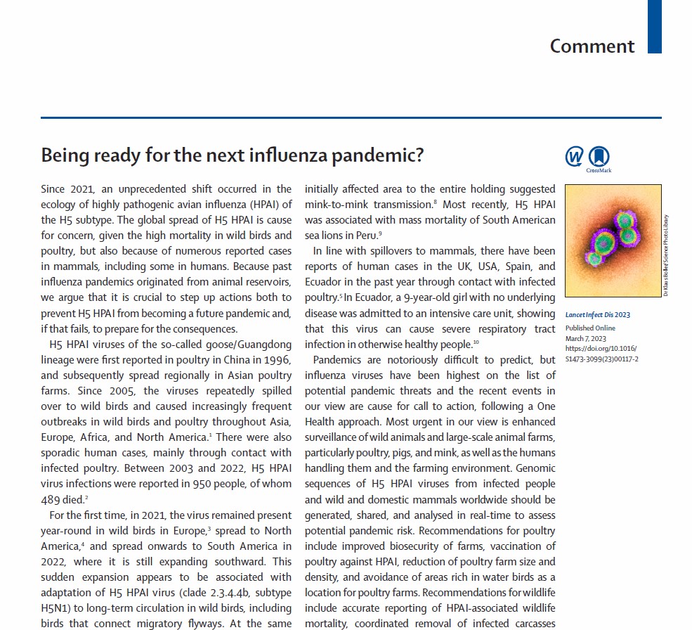pvmarkov's tweet photo. Excellent summary by @thijskuiken and @MarionKoopmans of @ErasmusMC  in @TheLancetInfDis, of the situation with highly pathogenic avian influenza (HPAI) &amp; what needs done to prevent &amp; prepare for a possible pandemic. A short  thread covering the key points + a few extra of my own https://t.co/Cwdcz1B3ZM
