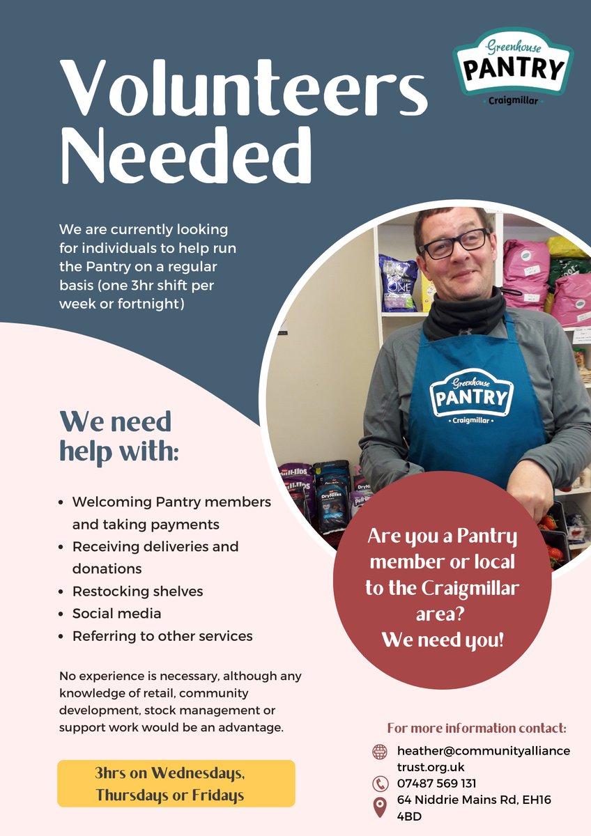 We are looking for new volunteers! No experience necessary, only enthusiasm! We are particularly keen to recruit locals to the Craigmillar area, or those with knowledge of Arabic. Contact Heather - details below⬇️ <a href="/yourlocalpantry/">Your Local Pantry</a>