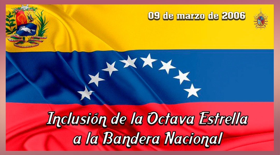 PrensaFANB's tweet image. 🗓 #9Mar || El Libertador Simón Bolívar, decreta la inclusión de la octava estrella al Tricolor Nacional, en honor a la Provincia de Guayana. En el 2006, el Cmdte. Supremo Hugo Chávez, reivindica este legado reincorporándose esta estrella a la Bandera Nacional.