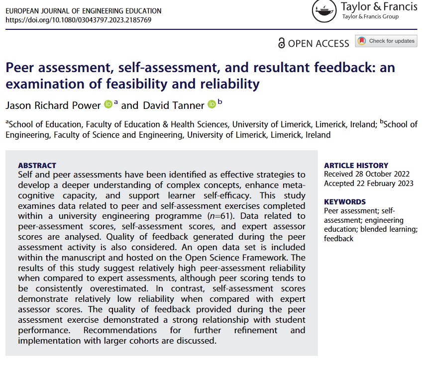 Jason Power (@power_ul) on Twitter photo Our new paper, with <a href="/DavidTa41966450/">David Tanner</a>, looking at peer and self assessment in Uni #STEM settings is out now. #OpenAccess courtesy of <a href="/ULLibrary/">Glucksman Library</a> #OpenData on the <a href="/OSFramework/">Center for Open Science</a>
doi.org/10.1080/030437… Our new paper, with <a href="/DavidTa41966450/">David Tanner</a>, looking at peer and self assessment in Uni #STEM settings is out now. #OpenAccess courtesy of <a href="/ULLibrary/">Glucksman Library</a> #OpenData on the <a href="/OSFramework/">Center for Open Science</a>
doi.org/10.1080/030437…
