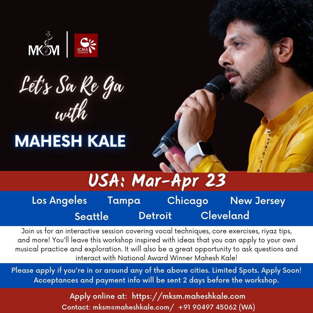 I'm deeply passionate about teaching. So in tandem with my concert tour of the USA, I decided to do a workshop tour in 7 cities of #LetsSaReGa #MKSMWorkshop 
Proceeds go to @ICMAFoundation Help me spread the word please.  mksm.maheshkale.com/us-workshops-m…
#MKSM #SchoolOfMusic #MaheshKale