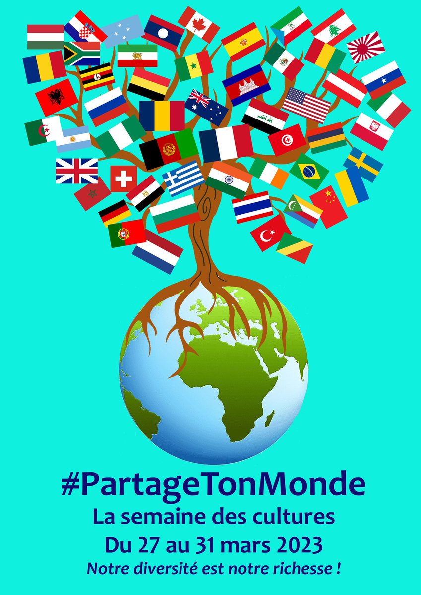 #PartageTonMonde
Semaine des #cultures au <a href="/Clge_Corneille/">Collège.Corneille</a> de <a href="/villedetours/">Ville de Tours</a> du 27 au 31 mars. Visuel Martine Auvinet 
<a href="/dsden37/">DSDEN d'Indre-et-Loire - Académie d'Orléans-Tours</a> <a href="/EDD_AOT/">EDD Académie Orléans-Tours</a> <a href="/ac_orleanstours/">Académie d'Orléans-Tours</a> <a href="/CD37_touraine/">Touraine, le Département</a>