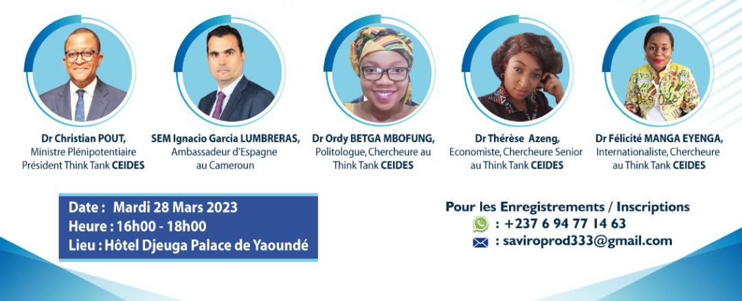 Le Think Tank CEIDES fera une session d'échanges le 28.03.2023 de 16h30 à 18h à l'hôtel Djeuga Palace de Yaounde sur le thème :
"L'égalité Femmes / Hommes dans les Relations internationales : théories, pratiques et engagements "
