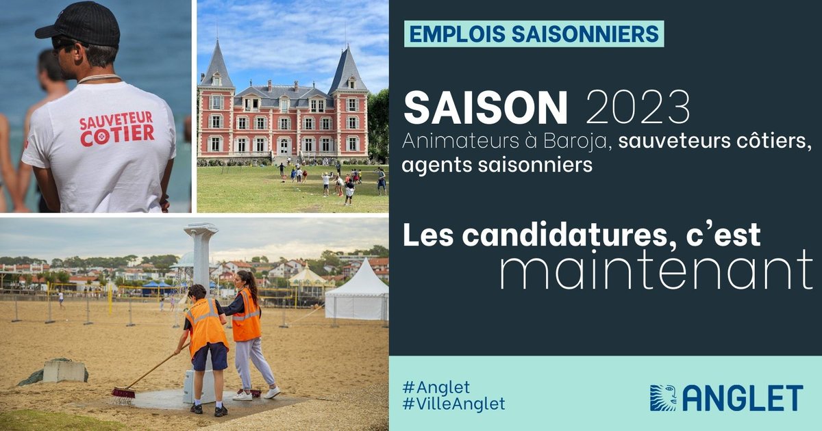 🧤𝙀𝙢𝙥𝙡𝙤𝙞𝙨 𝙨𝙖𝙞𝙨𝙤𝙣𝙣𝙞𝙚𝙧𝙨 #Anglet 
🤝postulez jusqu'au 19/03
➡️𝘼𝙣𝙞𝙢𝙖𝙩𝙚𝙪𝙧𝙨, sauveteurs, 𝙖𝙜𝙚𝙣𝙩𝙨 𝙨𝙖𝙞𝙨𝙤𝙣𝙣𝙞𝙚𝙧𝙨, etc.: vous travaillez au sein des services municipaux pour la période estivale
⚠️Candidatures bit.ly/2D4bxbl
#VilleAnglet