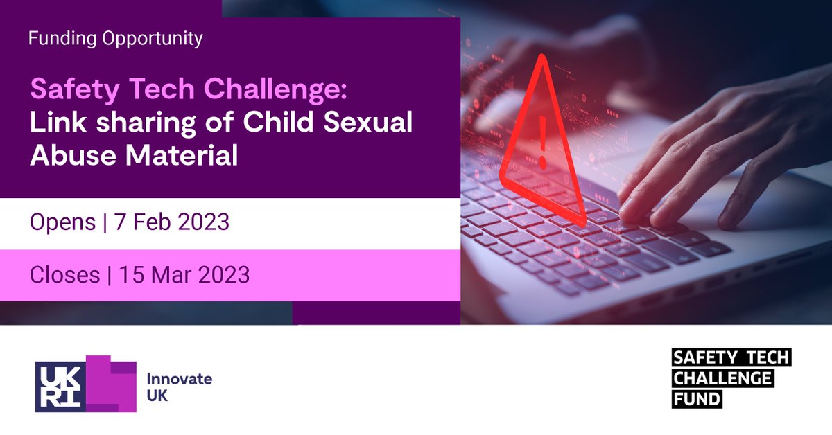 Closing soon! Up to £700,000 is available for projects that enhance UK capabilities in protecting children by identifying and disrupting the sharing of links to child sexual abuse material online. 
Read more&gt; bit.ly/3JWLBT3 

Watch the briefing  &gt; bit.ly/3IfxTcG