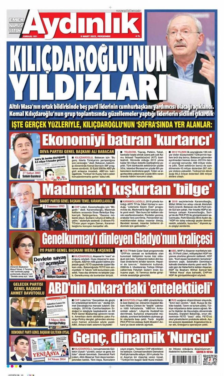 Doğu Perinçek'in dün yayınladığı 6'lı Masa videosu'nun ardından bu kez de Perinçek'e yakınlığıyla bilinen Aydınlık gazetesi, 6'lı masayı hedef alan bir manşet yayınladı.